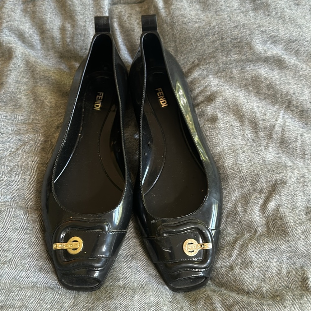 AUTHENTIC Fendi Black Jelly Flats with Gold Buckle  Size: 40 ~auth cert included